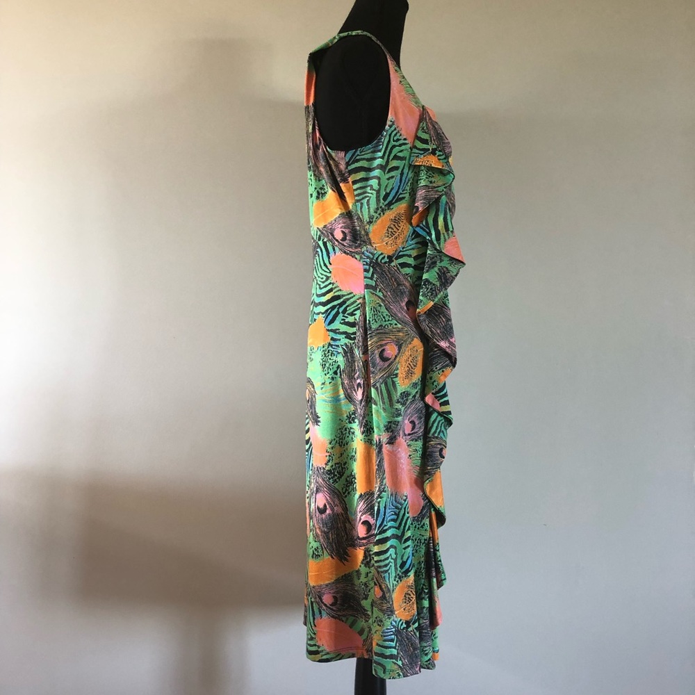 Women’s Tango Mango Tropical Ruffled front feathers & animal print dress size L - Picture 5 of 14